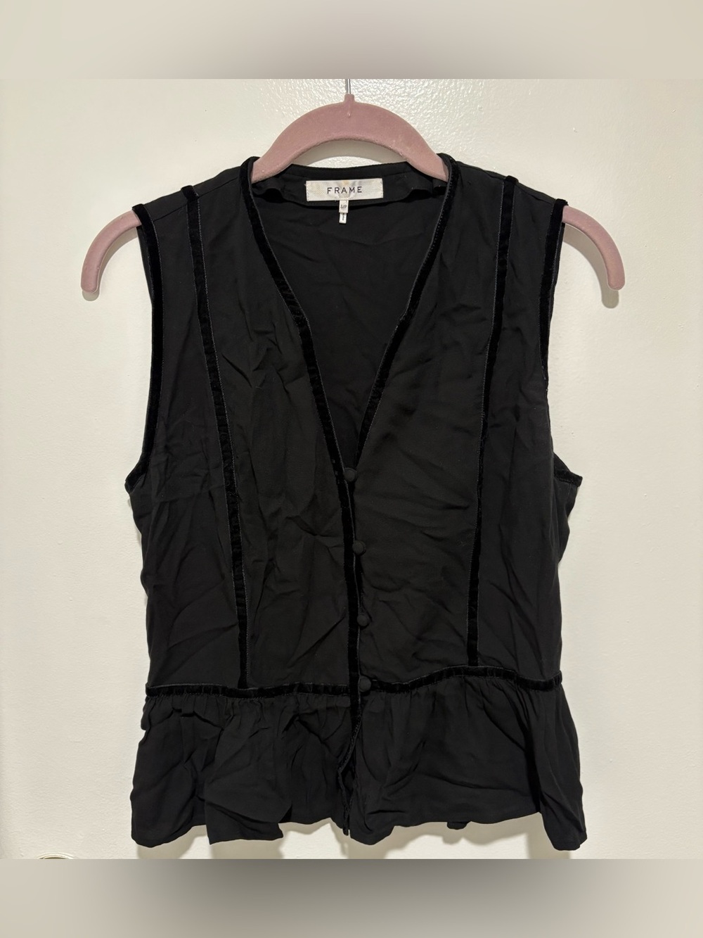 FRAME Black Sleeveless Button Front Peplum Top